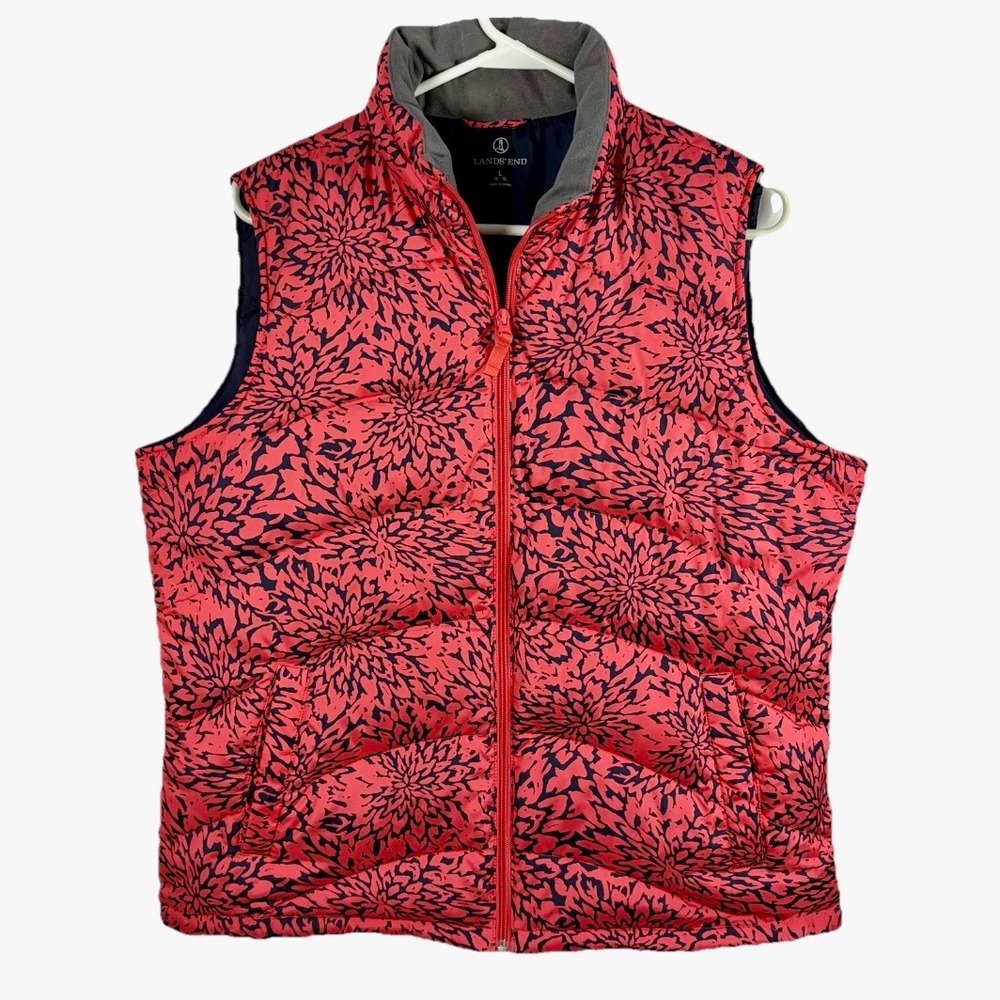Lands End DOWN Puffer Vest Pink Navy Blue Floral Women L 14-16‎ Spring Hiking